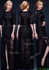 2016 Sexy Scoop Half Sleeves High Slit Black Prom Dress with Lace