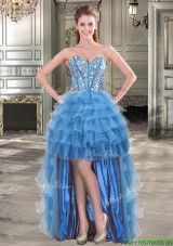 Comfortable Beaded and Ruffled Layers Blue Prom Dress in High Low
