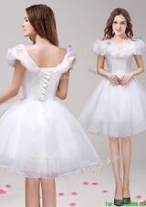 Lovely Off the Shoulder Cap Sleeves Prom Dress with Appliques and Ruffles