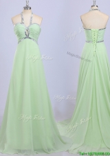 Luxurious Halter Top Brush Train Beading Evening Dress in Apple Green