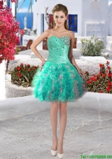 Modest Beaded and Ruffled Short Prom Dress in Turquoise and White