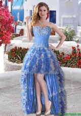 Modest High Low Applique and Ruffled Prom Dress in Blue and White