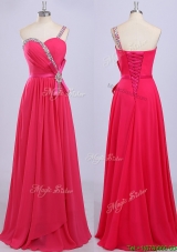 Modest One Shoulder Coral Red Evening Dress with Beading and Belt