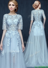 Unique Scoop Half Sleeves Applique Prom Dress with Brush Train