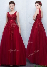 Gorgeous V Neck Applique and Belted Evening Dress in Wine Red