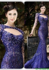 Latest Mermaid Bateau Long Sleeves Purple Evening Dress with Beading