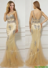 See Through Mermaid Scoop Cap Sleeves Evening Dress with Beading