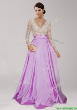Perfect Deep V Neckline Long Sleeves Lilac Evening Dress with Beading and Belt