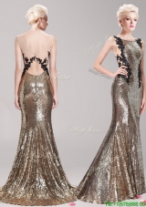 Affordable Square Sequined and Applique Mermaid Prom Dress with Brush Train