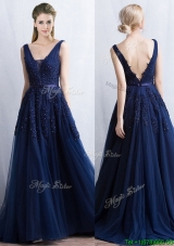 Cheap Applique and Belted Navy Blue Prom Dress with Brush Train