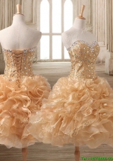 Inexpensive Organza Beading and Ruffles Short Prom Dress in Champagne