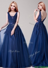 Inexpensive V Neck Applique and Belted Evening Dress in Navy Blue
