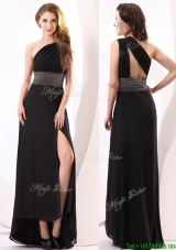 Luxurious One Shoulder Black High Slit Prom Dress with Beading