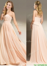 New Style Belted Chiffon Peach Prom Dress with Brush Train