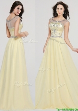 See Through Scoop Beaded Chiffon Prom Dress in Light Yellow