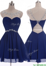 See Through Scoop Beading Short Prom Dress in Navy Blue