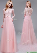 See Through V Neck Three Fourth Length Sleeves Evening Dress with Lace and Bowknot