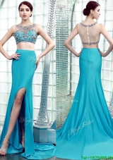 Two Piece Scoop Beaded High Slit Prom Dress with Brush Train