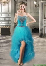 Inexpensive Beaded and Ruffled Teal Prom Dress in High Low