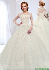 Classical See Through Court Train Beaded Wedding Dress with Zipper Up