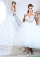 Luxurious See Through V Neck Applique Wedding Dress with Long Sleeves