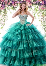2017 Fashionable Ruffled Layers and Beaded Turquoise Quinceanera Dress in Organza