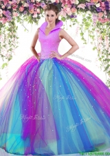 Fashionable High Neck Beaded Quinceanera Dress in Rainbow