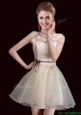 2017 Classical See Through Laced and Belted Organza Champagne Prom Dress