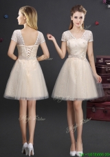 2017 Popular Laced Short Sleeves Champagne Prom Dress in Tulle