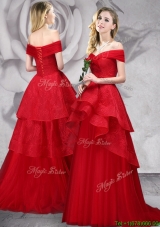 Beautiful A Line Brush Train Red Prom Dress with Off the Shoulder