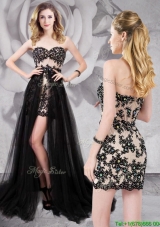 Elegant Tulle Black Detachable Prom Dress with Appliques and Beading
