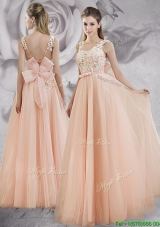 Pretty Applique Decorated Bodice A Line Long Prom Dress in Baby Pink