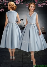 2017 New Style A Line V Neck Light Blue Prom Dress with Belt