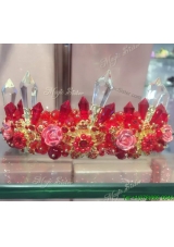 Fashionable Red Tiara with Rhinestone and Imitation Pearls