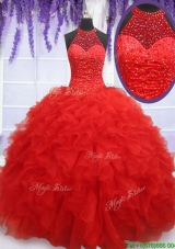 2017 High End See Through Halter Top Red Sweet 16 Dress with Beading and Ruffles