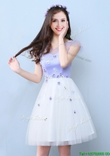 Classical V Neck White and Lavender Bridesmaid Dress with Cap Sleeves