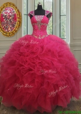 2017 New Style Square Tulle Coral Red Quinceanera Dress with Cap Sleeves