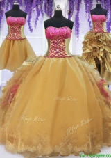 Three Piece Laced Beaded Brush Train Detachable Quinceanera Dress in Gold and Hot Pink