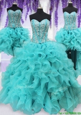 Three Piece Visible Boning Beaded and Ruffled Aquamarine Detachable Quinceanera Dress