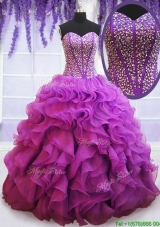 Affordable Visible Boning Eggplant Purple Quinceanera Dress with Beaded Bodice and Ruffles