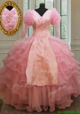 Cheap V Neck Embroideried and Ruffled Layers Quinceanera Dress in Baby Pink
