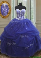 Lovely Beaded and Sequined Blue Quinceanera Dress in Tulle
