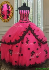 Exquisite Strapless Black and Hot Pink Quinceanera Dress with Appliques