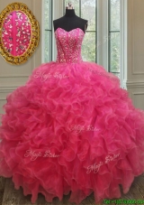 Lovely Visible Boning Beaded Bodice Quinceanera Gown in Hot Pink