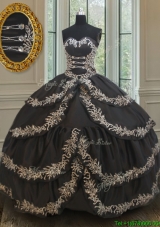 Exclusive Taffeta Black Sweet 16 Dress with Embroidery and Ruffled Layers