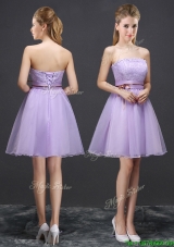 Pretty Strapless Organza Laced Short Dama Dress in Lavender