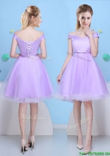 Elegant Deep V Neckline Lavender Bridesmaid Dress with Cap Sleeves