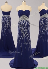 Best Selling Royal Blue Brush Train Chiffon Prom Dress with Beading