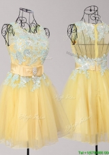 Exquisite Scoop Yellow Short Prom Dress with Appliques and Bowknot