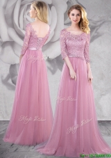 Latest Half Sleeves Laced Pink Prom Dress with Brush Train